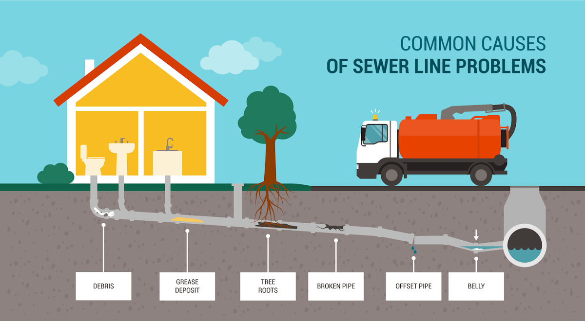 Common causes of sewer line problems infographic and sewer truck.